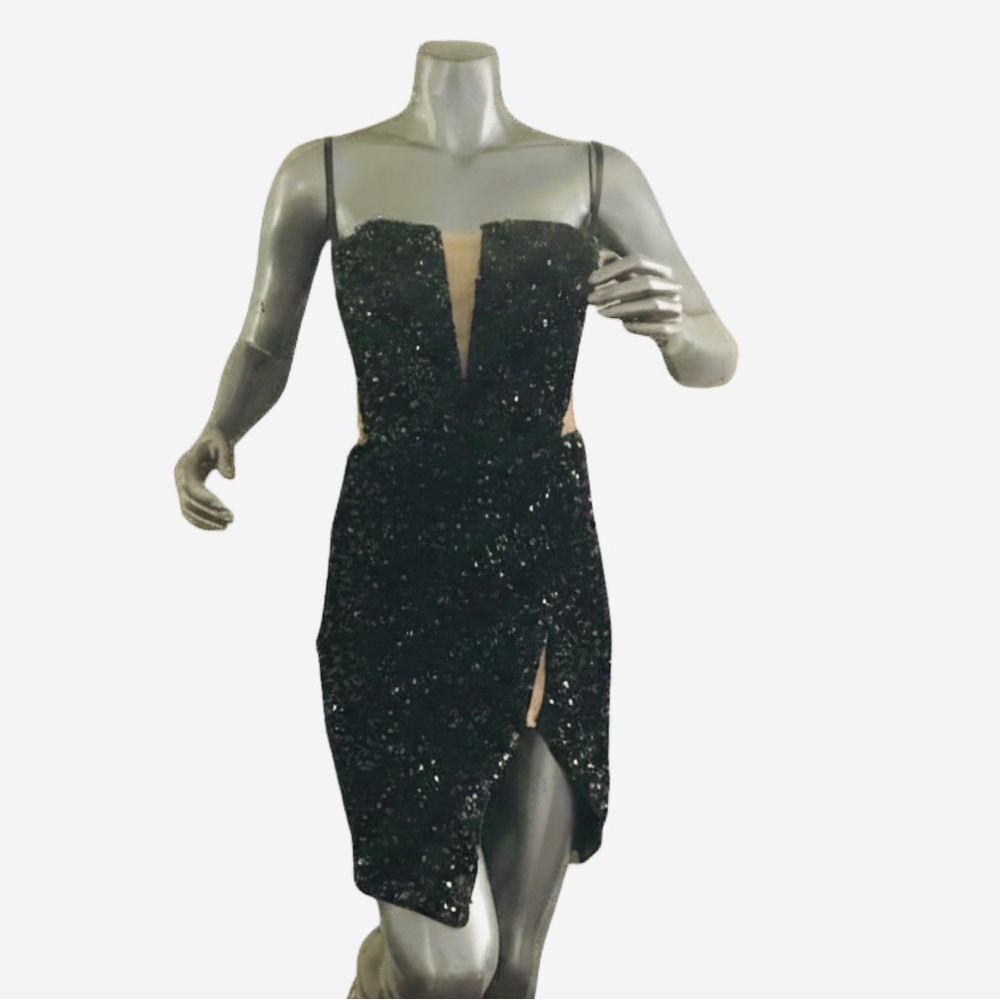 Love and Lemonade Black Sequined Mesh Cocktail Mini Dress NWT